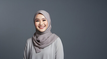 Radiant smile of a beautiful Asian woman with a hijab, capturing genuine joy and warmth, against a gray background