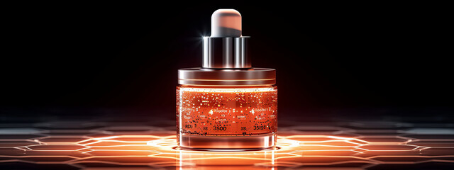 Naklejka premium Iridescent Elixir: Captivating Close-Up of a Gossamer Liquid Bottle on a Rustic Table