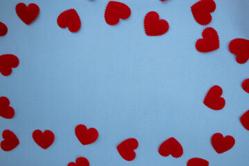 Red heart shape on light blue background with copy space, Valentine day image