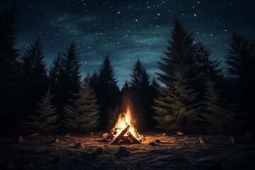 A fire in the forest under the stars.