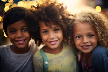 group of kids having fun together at a birthday party. Cute little boys and girls smiling. Portrait of happy children on blurred background of lights