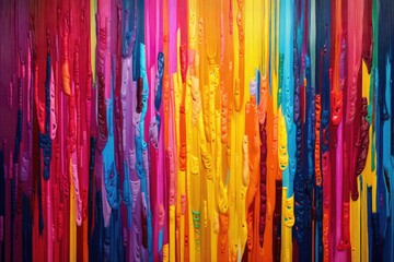 A painting showcasing an array of multicolored lines of paint, creating a visually striking and dynamic composition.