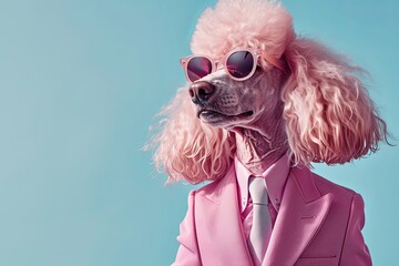 Dog, pink poodle, dressed in an elegant suit with a nice tie, wearing sunglasses. Fashion portrait of an anthropomorphic animal posing with a charismatic human attitude 