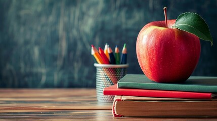 Apple with school books and pen cup on a table near the table, education concept, apple books and pen, education background, education, back to school concept, education banner  - obrazy, fototapety, plakaty