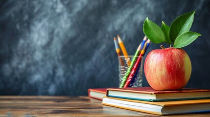 Apple with school books and pen cup on a table near the table, education concept, apple books and pen, education background, education, back to school concept, education banner 