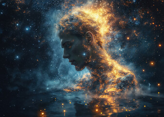 A profile bathed in stardust, where the cosmos dances on human contours