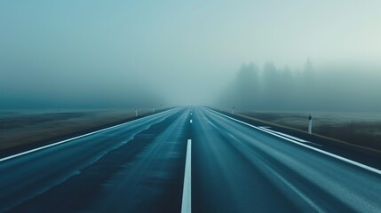 Long straight road in the fog, forest in the distance, blue and green dark tones, travel imagery