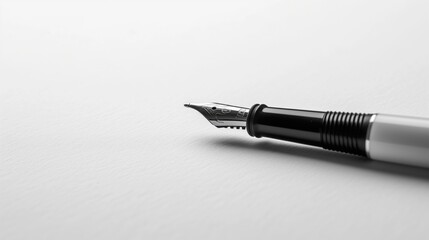 Close-up of black and silver fountain pen sitting on white background, space for copy text or graphics, writing mockup resource 