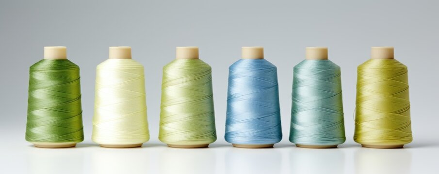 A row of various colored spools of thread neatly lined up on a shelf.