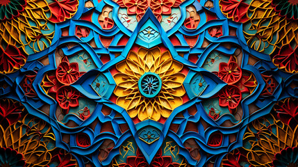 Vibrant backdrop adorned with intricate 3D Arabic mosaic patterns