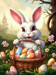 cartoon scene with happy easter bunny in the forest with basket full of eggs - illustration for children