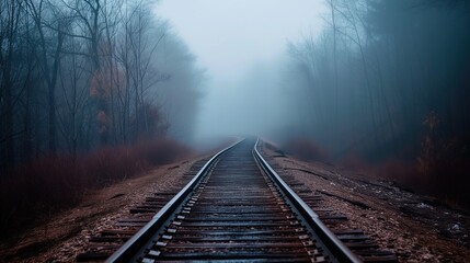 Fototapeta na wymiar Railway tracks through empty forest in fog into the distance, autumn scene, perspective shot