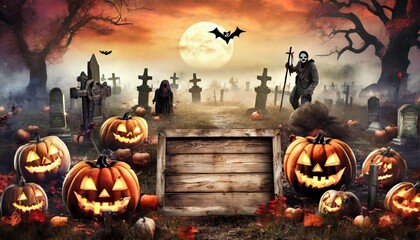 halloween background with pumpkin and bats - obrazy, fototapety, plakaty