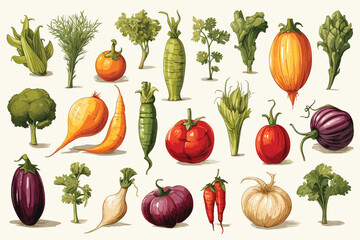 Farm vegetables isolated vector sketch. Cauliflower and radish, onion and garlic, kohlrabi cabbage, pumpkin, pea, chili and bell pepper, corn and carrot, beet and eggplant, tomato and pattypan squash - obrazy, fototapety, plakaty