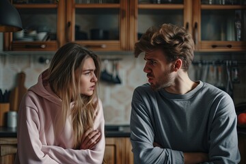 Fototapeta na wymiar Emotional stressed young couple having argument at home.