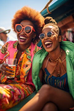 Group of african women in traditional clothes having fun on the boat.