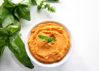 Chickpea paste with baked peppers. Delicious snack for breakfast
