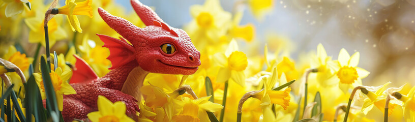 Saint Davids Day Holiday celebration in Wales, United Kingdom. Red Welsh dragon in yellow daffodil flowers illustration, banner with Spring banner with copy space for text - obrazy, fototapety, plakaty
