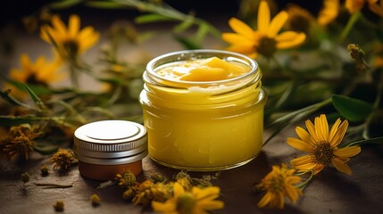 Arnica cream lotion for body skin. Cosmetic cream with natural Arnica Extract for hands. Copy space. Horizontal banner.