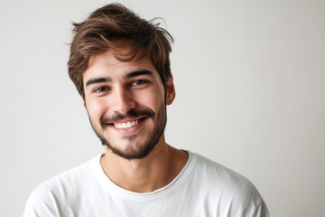 Portrait of a handsome young man smiling at the camera while standing against white background - obrazy, fototapety, plakaty