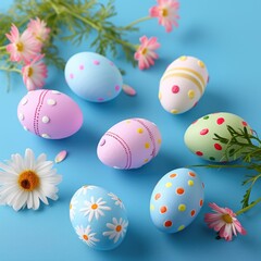Obraz na płótnie Canvas Decorative Easter Eggs with Spring Flowers. Colorful painted Easter eggs adorned with patterns, accompanied by vibrant spring flowers on a color background. 