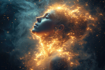 Woman's profile enveloped in a celestial glow, resembling a cosmic entity