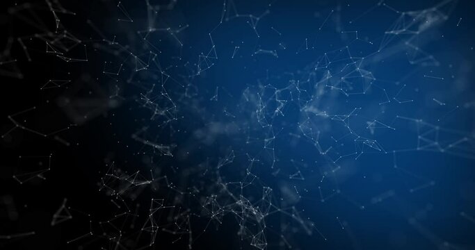 Abstract gradient dark blue background with motion graphics of interconnections of particles and lines. Technology concept, HUD space. 3D rendering. 4K video