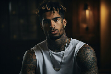 Generative ai photo of handsome man with tattoo on head and face