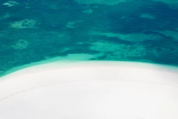 Foto auf Acrylglas Nungwi Strand, Tansania Drone view of white sandy beach in the green ocean, minimalist photo and copy space, summer concept, Zanzibar in Tanzania.
