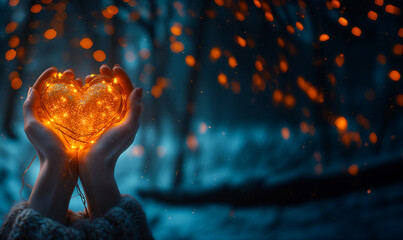 Woman holding shaped-heart string of light in her hands. Romantic Valentine's Day background with copy space