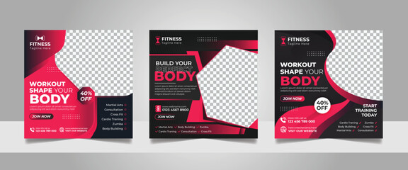 Gym promotional social media post, Fitness club square flyer web banner instagram ads template set, Shape your body motivation design, Yoga training center advertising poster bundle.