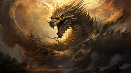 A dramatic painting depicting a mighty dragon fiercely battling against wind, rain, and crashing waves during a violent storm. - obrazy, fototapety, plakaty