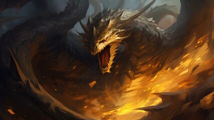 A menacing dragon displays its ferocity as flames spew from its gaping mouth.