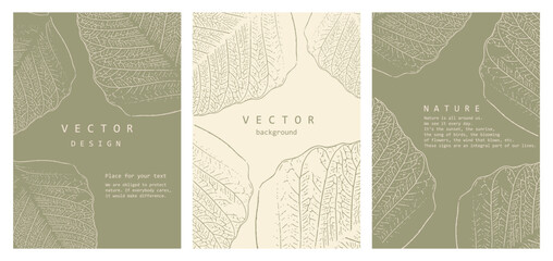 Vector illustration. Set of three posters, light leaves on a green background, decor. Luxury design for invitations, report templates, presentations with plants, nature.