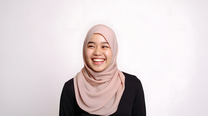 Radiant smile of a beautiful Asian woman with a hijab, capturing genuine joy and warmth, against a gray background