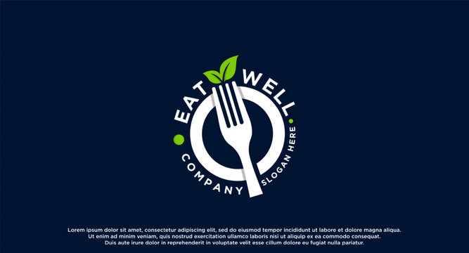 Fork And plate with leaf for healthy food or salad bar logos. Logo design template element.