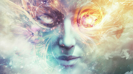 Eyes alight with cosmic knowledge an angelic figure glows with the wisdom of the astral realm.