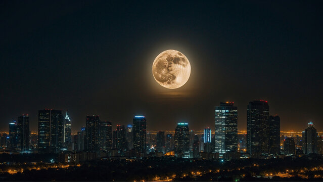 Full Moon Over City Skyline at Night