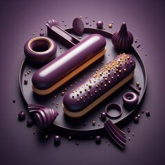 Delicious eclairs on a dark purple background. Tasty dessert food for coffee break monochromatic concept in minimalism style. Realistic 3D render. Wide screen wallpaper, for design and banners.