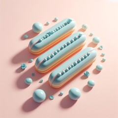 Pastel blue delicious eclairs on a pastel pink background. Tasty dessert food for coffee break concept in minimalism style. Realistic 3D render. Wide screen wallpaper, for design and banners.
