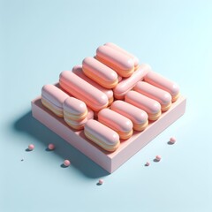 Pastel pink delicious eclairs on a pastel blue background. Tasty dessert food for coffee break concept in minimalism style. Realistic 3D render. Wide screen wallpaper, for design and banners.