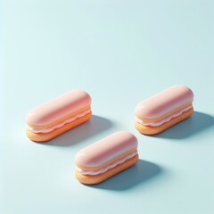Pastel pink delicious eclairs on a pastel blue background. Tasty dessert food for coffee break concept in minimalism style. Realistic 3D render. Wide screen wallpaper, for design and banners.