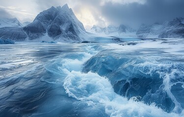 Massive ice glaciers cover a vast glacial sheet surrounded by towering mountains in a stunning frozen landscape, glaciers and icebergs image