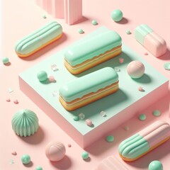 Pastel mint delicious eclairs on a pastel pink background. Tasty dessert food for coffee break concept in minimalism style. Realistic 3D render. Wide screen wallpaper, for design and banners.