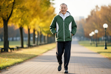 A man wearing running gear is jogging down a sidewalk surrounded by green trees in a park while maintaining a steady pace.