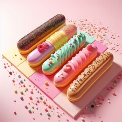 Colorful delicious eclairs on a pastel pink background. Tasty dessert food for coffee break concept in minimalism style. Realistic 3D render. Wide screen wallpaper, for design and banners.