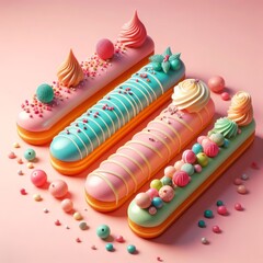 Colorful delicious eclairs on a pastel pink background. Tasty dessert food for coffee break concept in minimalism style. Realistic 3D render. Wide screen wallpaper, for design and banners.