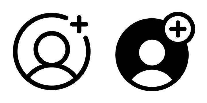 Vector follow, add user icon. Black, white background. Perfect for app and web interfaces, infographics, presentations, marketing, etc.