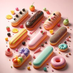 Colorful delicious eclairs on a pastel pink background. Tasty dessert food for coffee break concept in minimalism style. Realistic 3D render. Wide screen wallpaper, for design and banners.