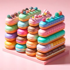 Colorful delicious eclairs on a pastel pink background. Tasty dessert food for coffee break concept in minimalism style. Realistic 3D render. Wide screen wallpaper, for design and banners.